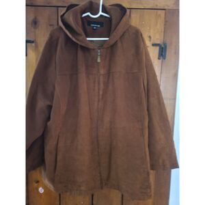 JONES NEW YORK Women's Brown Hooded Zip Up Jacket Size 2X Suede Look Polyester